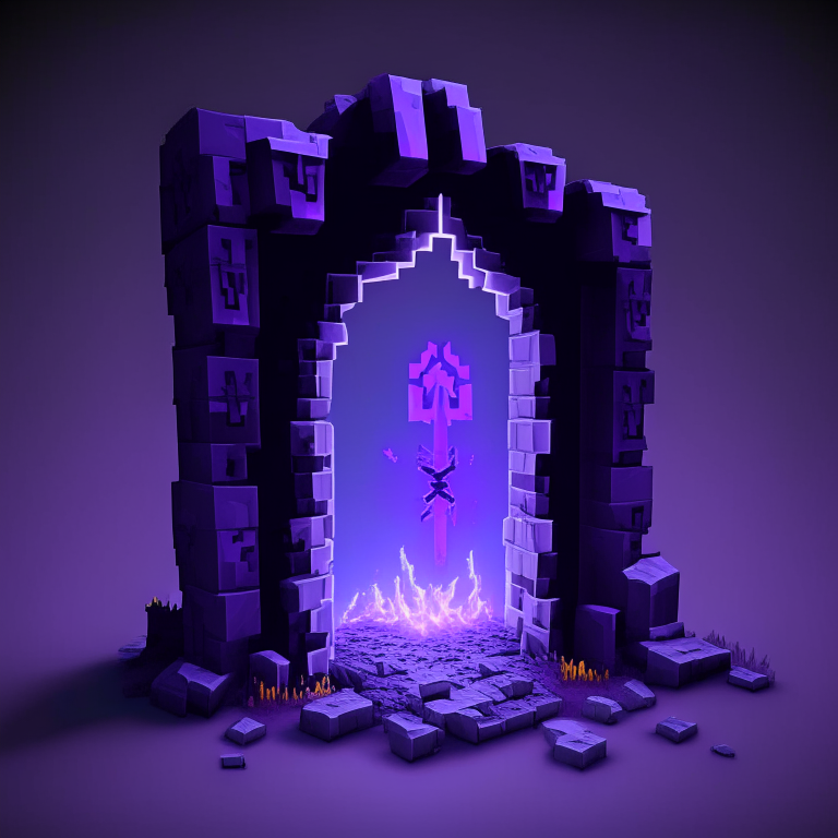 Magical nether portal, runic, glowing, purple, decayed grey voxel skeleton