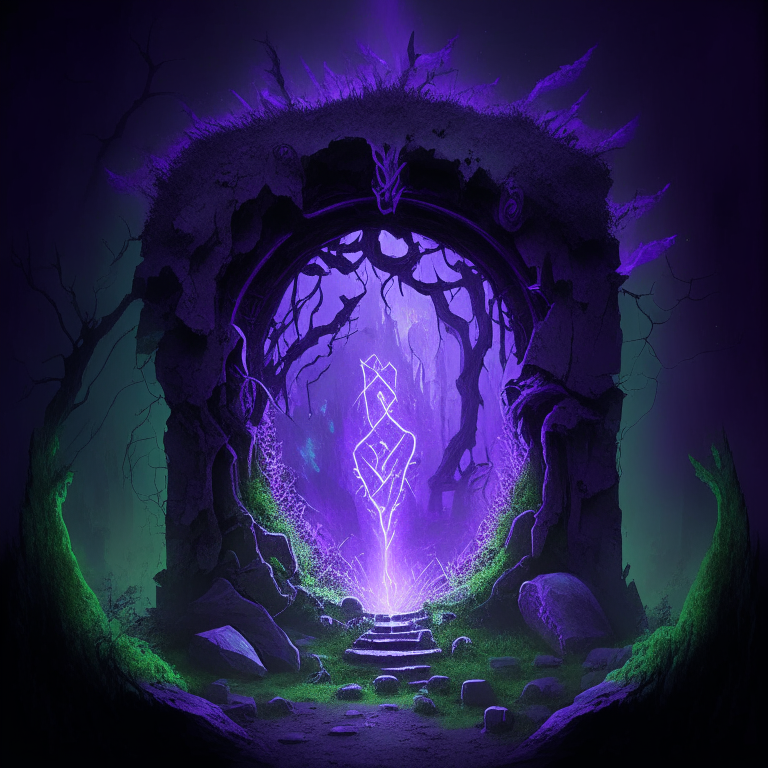 Magical nether portal, runic, glowing, purple, moss covered skeleton