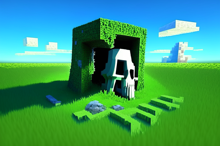 Magical nether portal, minecraft sniffer skeleton, green grass, blue sky