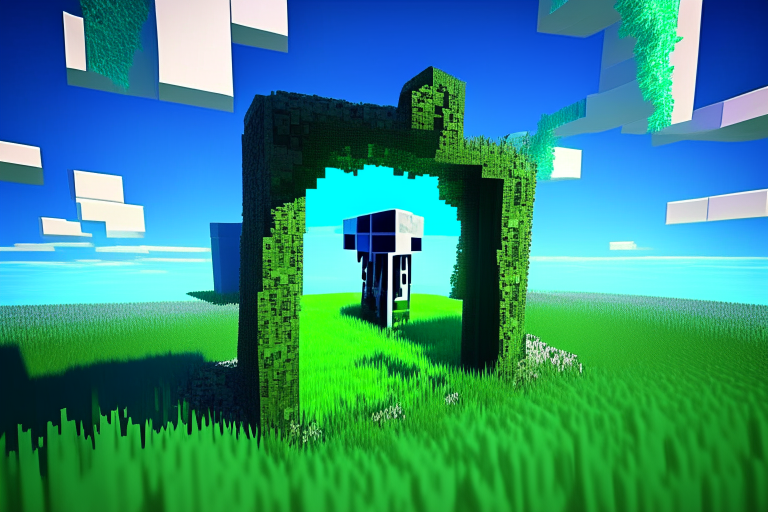 Magical nether portal, minecraft sniffer skeleton, green grass, blue sky