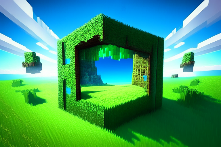 Magical nether portal, minecraft creeper, green grass, blue sky