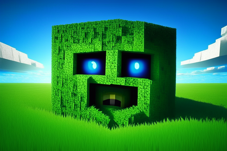 Magical nether portal, minecraft creeper face, green grass, blue sky