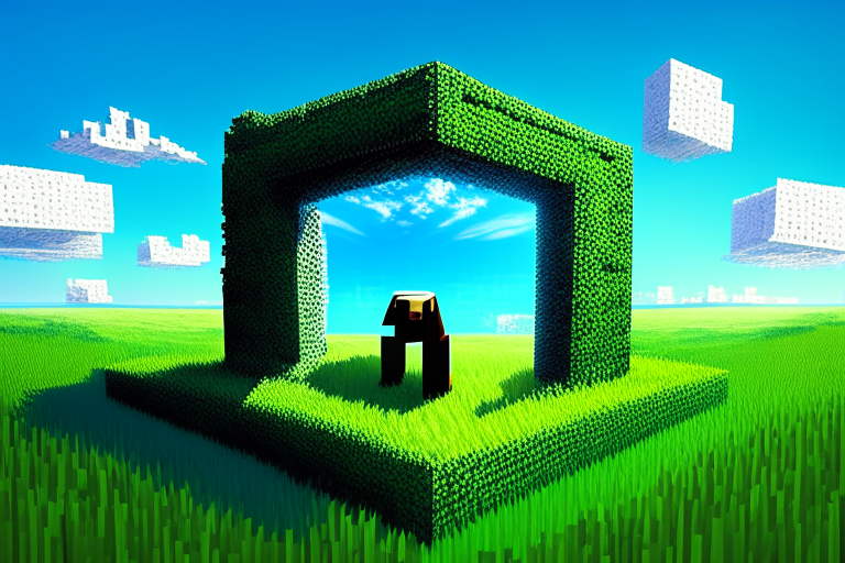 Magical nether portal, minecraft dog, green grass, blue sky