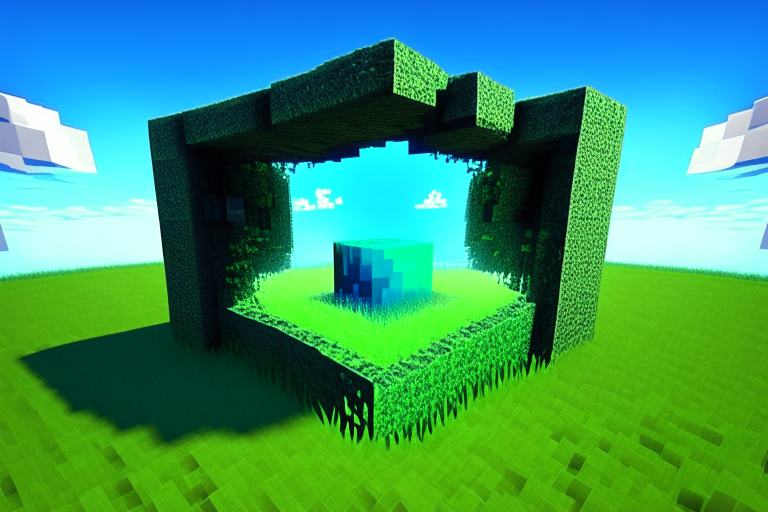 Magical nether portal, minecraft minecart, green grass, blue sky