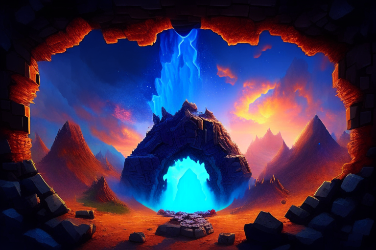 Magical nether portal, minecart, lava ground, blue sky