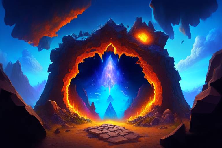 Magical nether portal, minecart, lava ground, blue sky, sorcerers