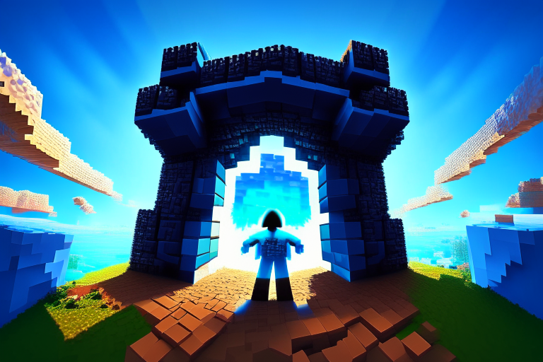 Magical nether portal, minecraft legoman, blue sky