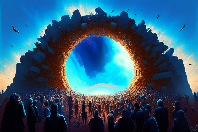 Magical nether portal, crowd of people, blue sky