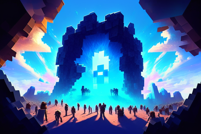 Magical nether portal, crowd of minecraft people, blue sky