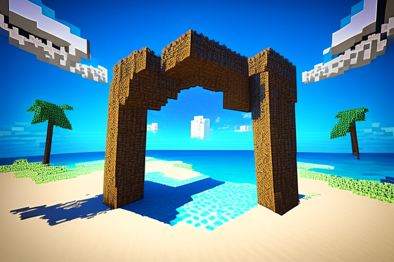 Magical nether portal, minecraft beach, blue sky, sugar cane
