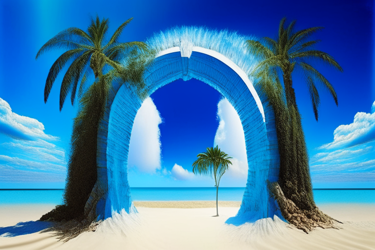 Magical nether portal, palm beach, blue sky, sugar cane
