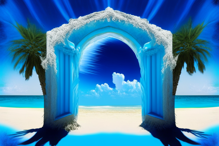 Magical nether portal, palm beach, blue sky, sugar cane
