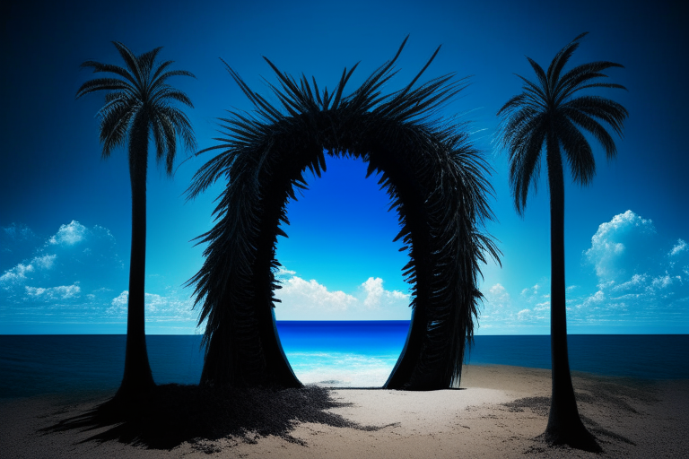 Magical black nether portal, palm beach, blue sky, sugar cane
