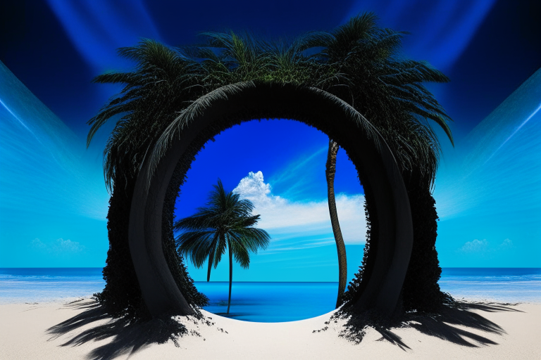 Magical black nether portal, palm beach, blue sky, sugar cane
