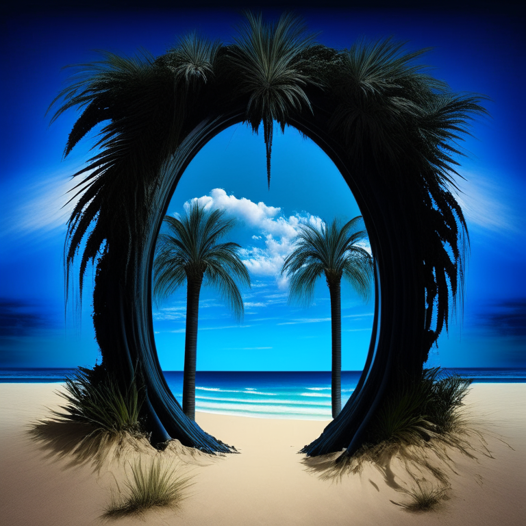 Magical black nether portal, palm beach, blue sky, sugar cane
