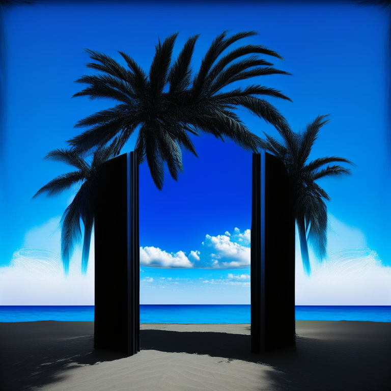 multiple black nether portal, palm beach, blue sky, sugar cane
