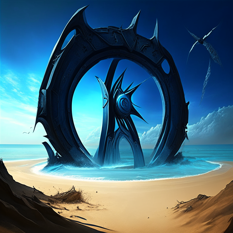 seasons, armored black nether portal, beach, blue sky, turbines