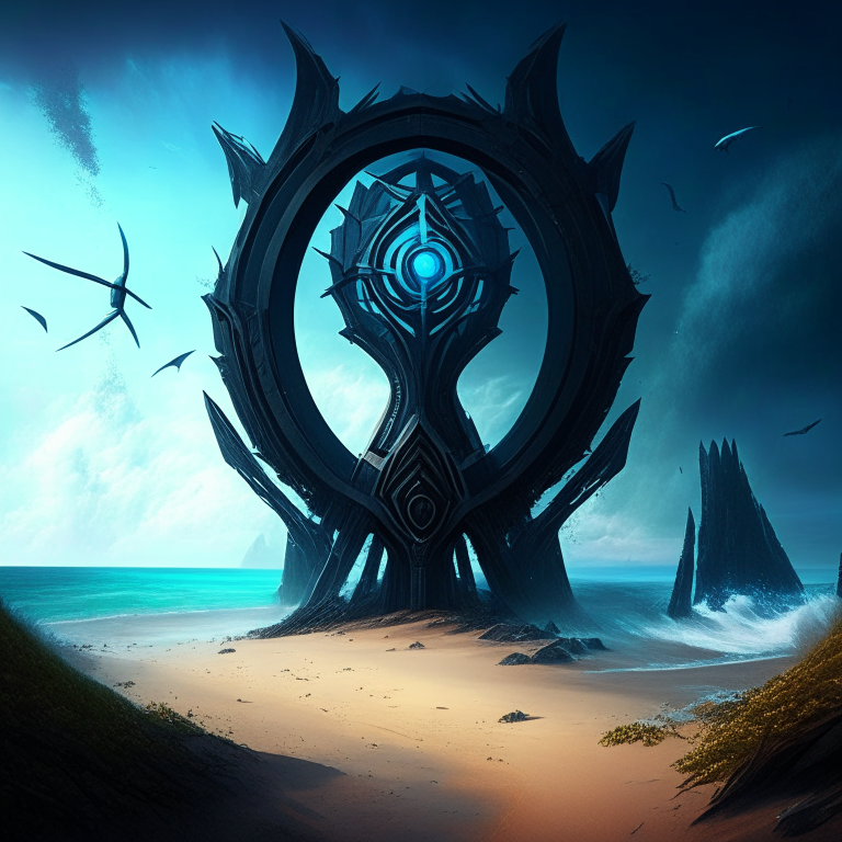 seasons, armored black nether portal, beach, blue sky, turbines forest