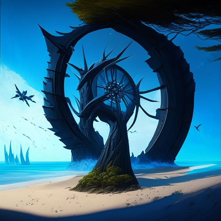 seasons, armored black nether portal, beach, blue sky, turbines, conifer trees