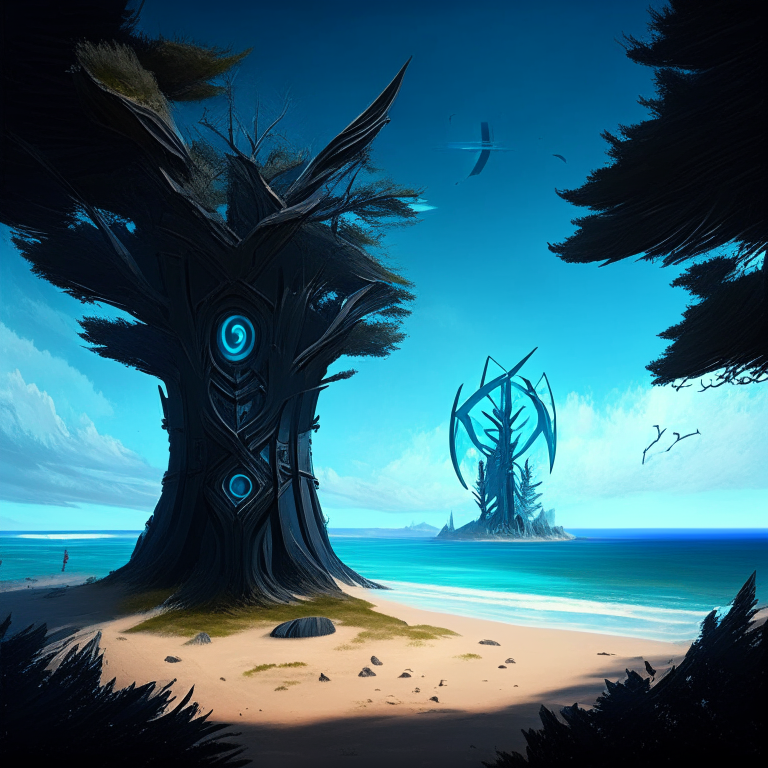 seasons, armored black nether portal, beach, blue sky, turbines, conifer trees