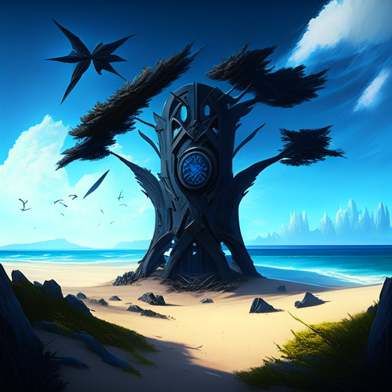 seasons, armored black nether portal, beach, blue sky, turbines, conifer trees