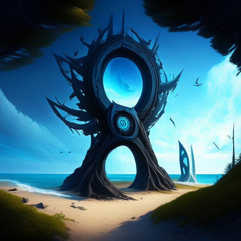 seasons, armored black nether portal, beach, blue sky, turbines, conifer trees