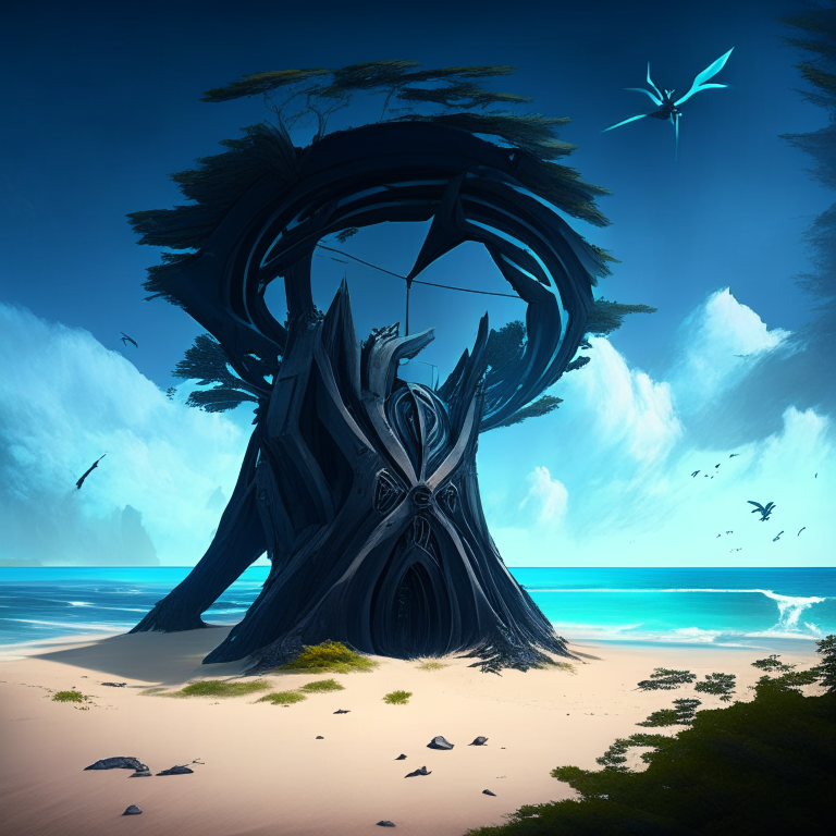 seasons, armored black nether portal, beach, blue sky, turbines, conifer trees