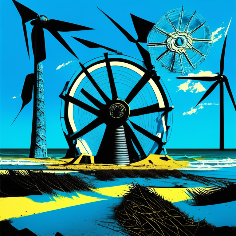 seasons, armored black nether portal, beach, blue sky, turbines, pop-art