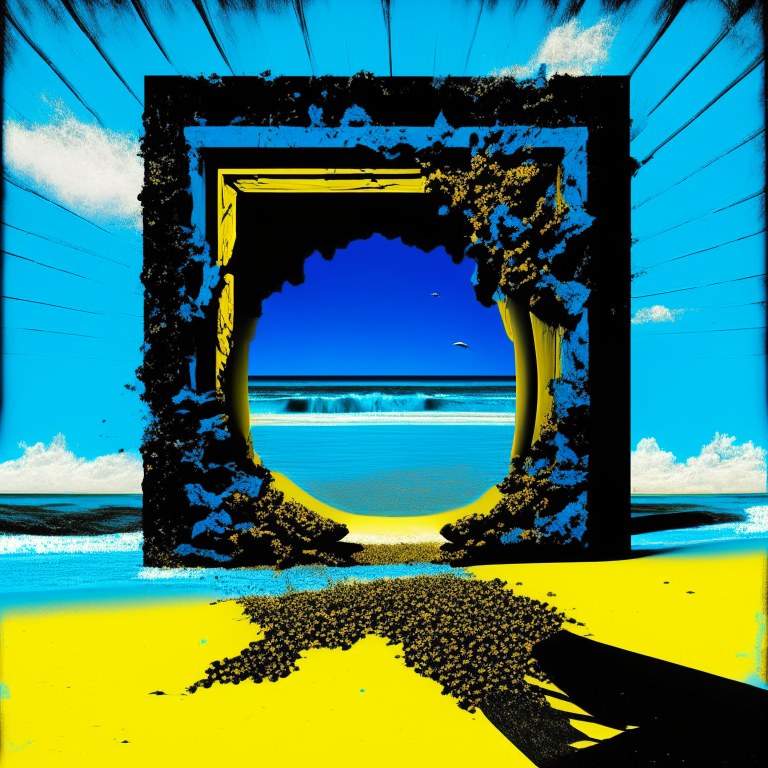 seasons, armored black nether portal, beach, blue sky, , pop-art