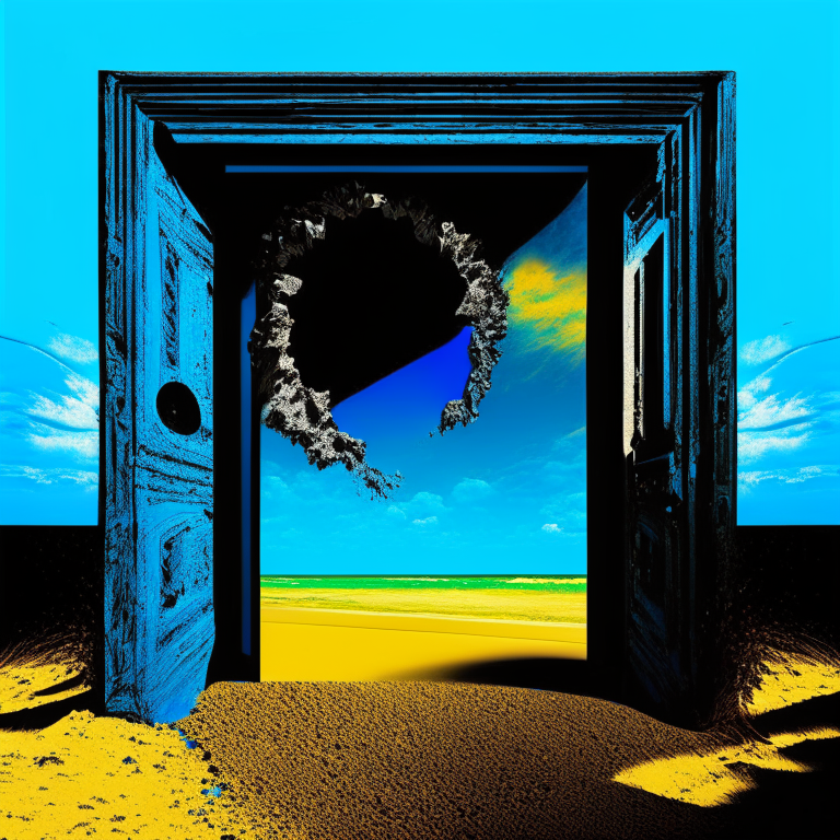 seasons, armored black nether portal, beach, blue sky, , pop-art