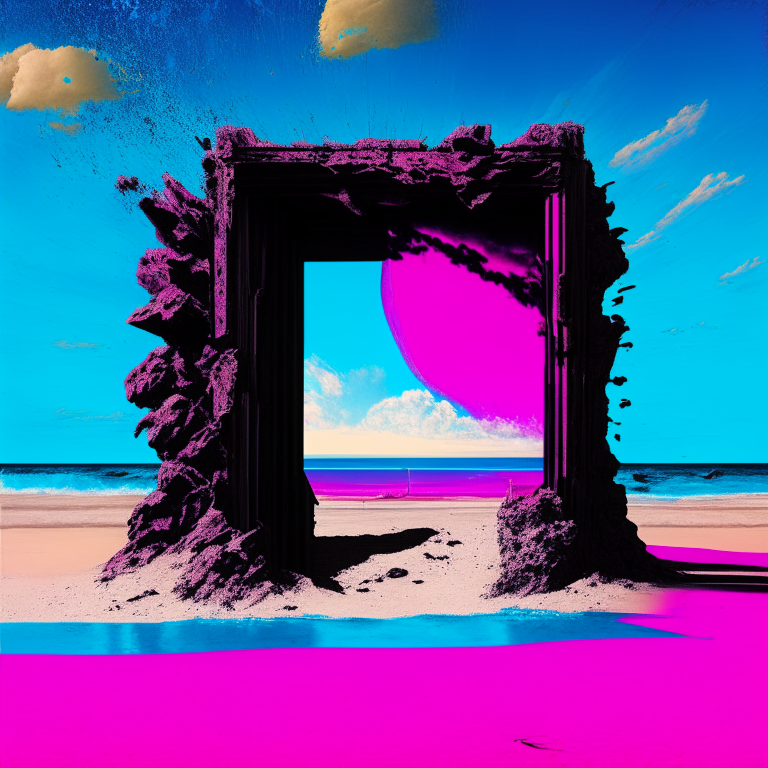 seasons, armored black nether portal, beach, blue sky, pink, pop-art