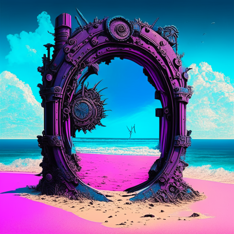 seasons, armored steampunk black nether portal, beach, blue sky, pink, pop-art