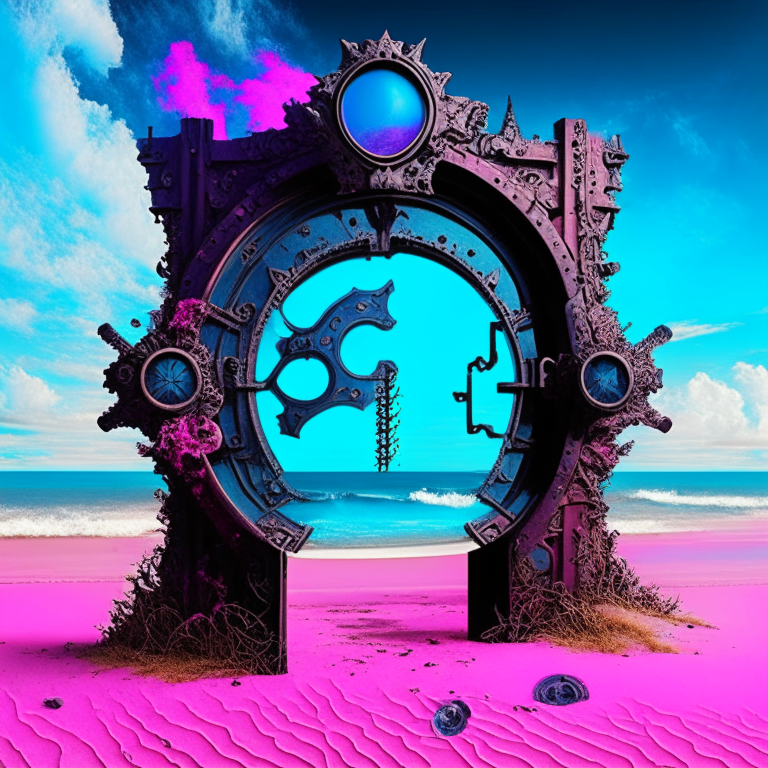 seasons, armored steampunk black nether portal, beach, blue sky, pink, pop-art