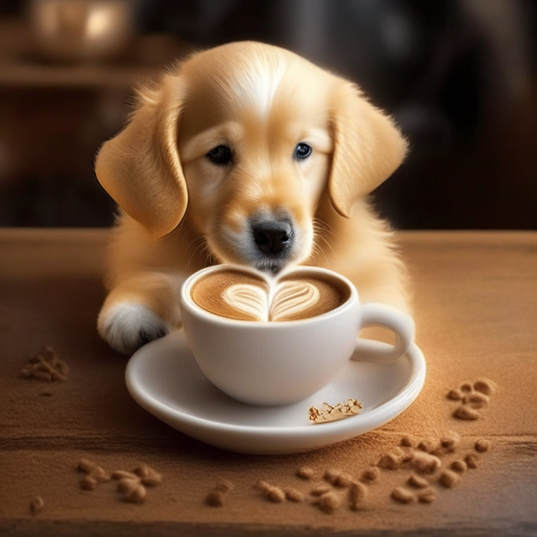 a golden retriever puppy drinking a latte with heart-shaped latte art