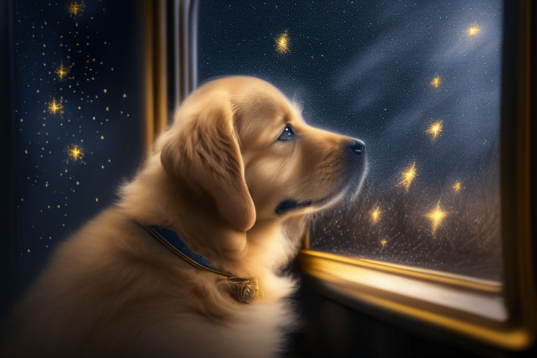 a golden retriever puppy sitting in a train, looking out the window at the stars
