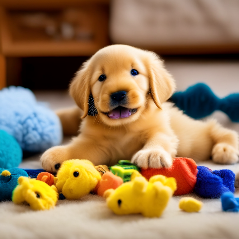 a golden retriever puppy playing with toys