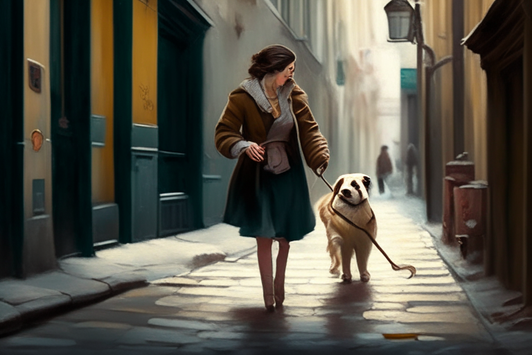 a lady walking with a puppy in a quiet street