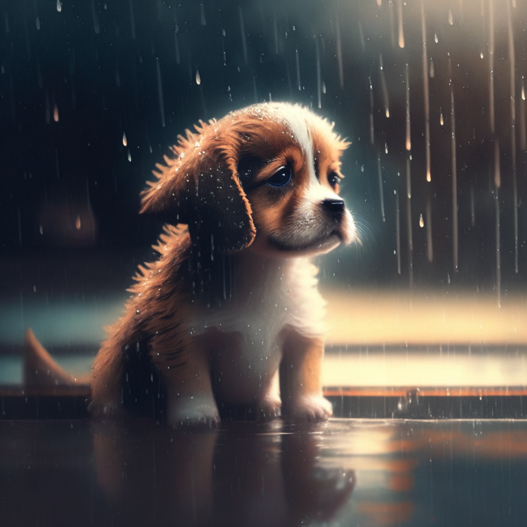 a lofi style image of a puppy enjoying the rain
