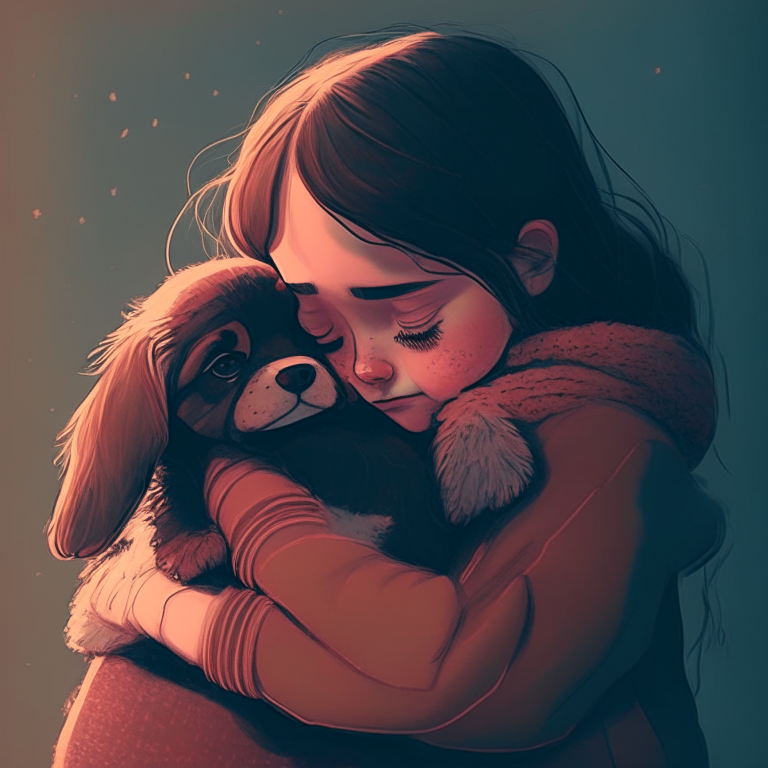 a lofi style image of a girl hugging her puppy