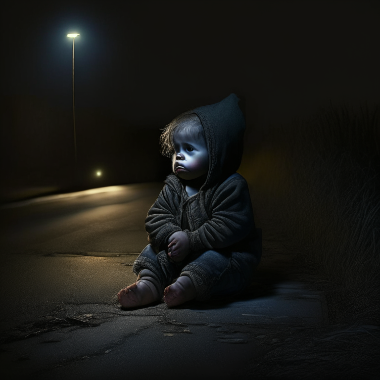 2 year old baby , sitting by the roadside in the dark night