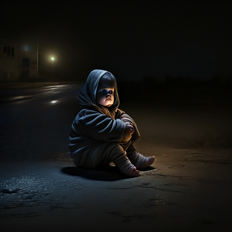 2 year old baby , sitting by the roadside in the dark night