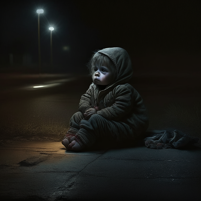 2 year old baby , sitting by the roadside in the dark night