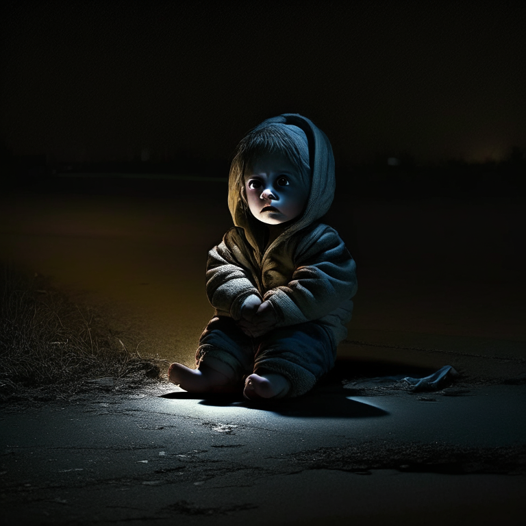 2 year old baby , sitting by the roadside in the dark night, look at camera