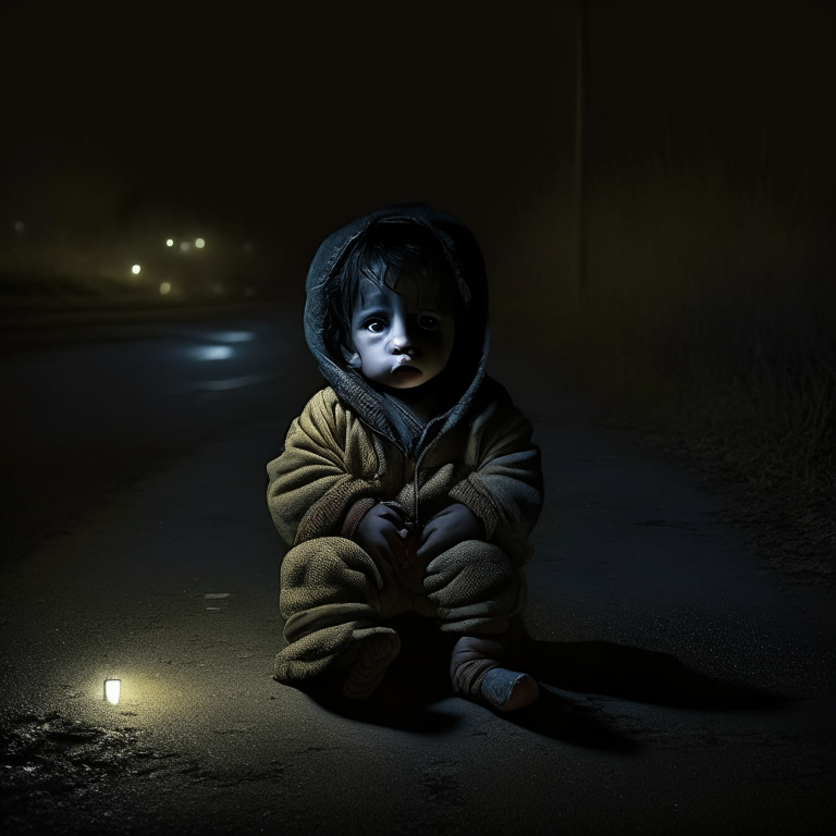 2 year old baby , sitting by the roadside in the dark night, look at camera