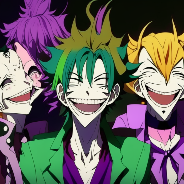 Group of jokers anime, laughing, background change 