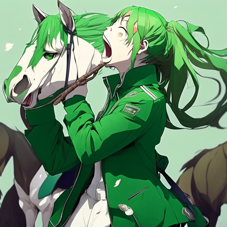 The horse 🐎 anime , singing, green jacket 