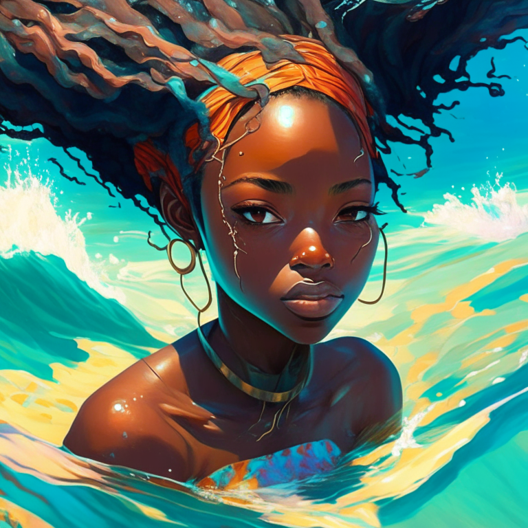 Paint me African girl anime, in the sea