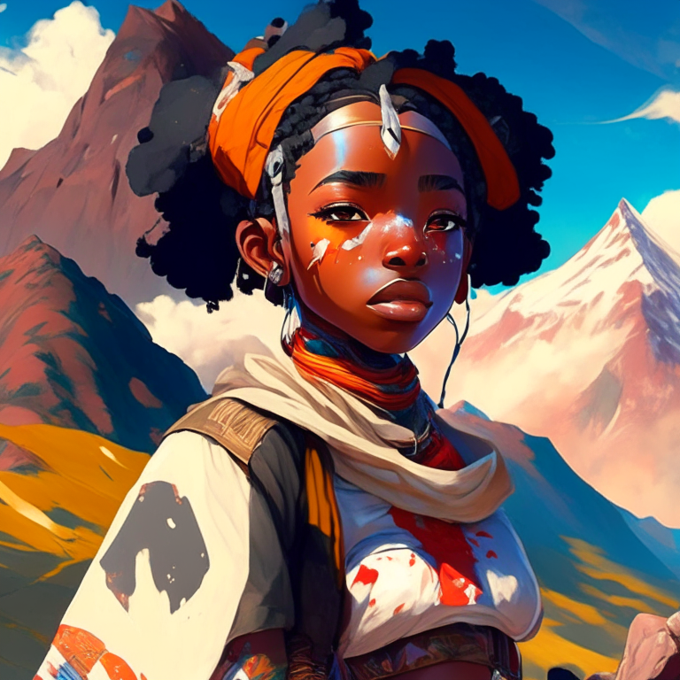 Paint me African girl anime, in the mountain 