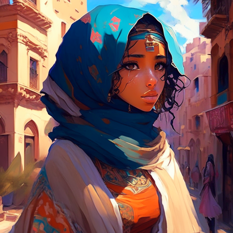 Paint me  Moroccan girl anime, in the city 