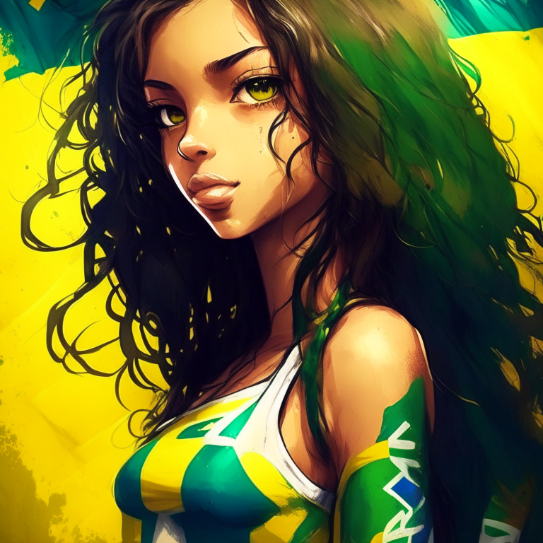 Paint me beautiful Brazilian girl  anime, with flag Brazil 